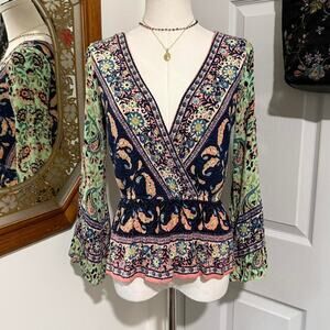 Free People Rosalie Mint Green & Peachy Orange Paisley Bell Sleeve Faux Wrap Top
